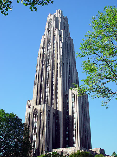 Perspective photo of the Cathedral of Learning, from the ground